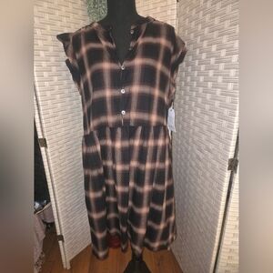 Plaid Flannel Black And Tan Mini Dress Ruffle Sleeve XL